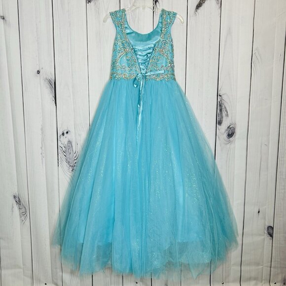 Tiffany Designs Corset Lace Up Back Beaded Ballgown Pageant Dress Sz 14 Aqua - Picture 10 of 16